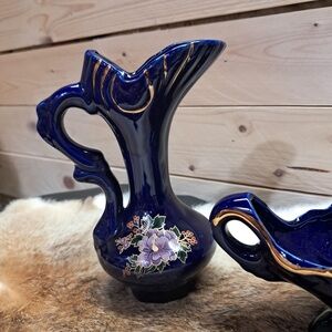 2 Blue Ceramic decor pieces with Floral Design